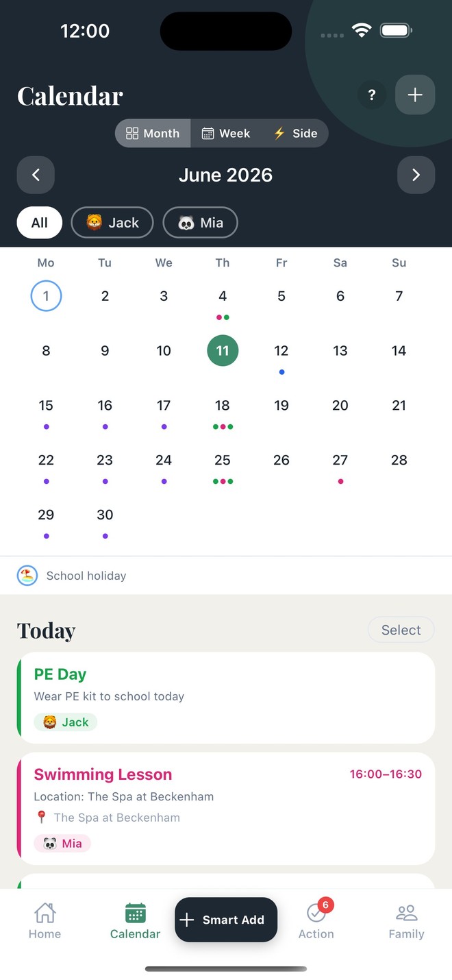 SchoolSphere month calendar with colour-coded events per child