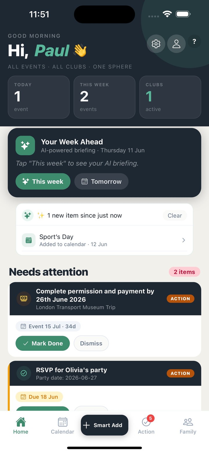 SchoolSphere home screen — AI weekly briefing and what needs attention